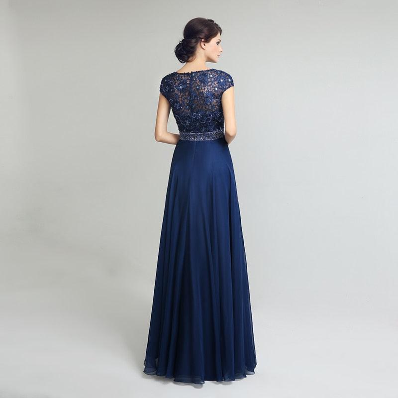 Gorgeous New Navy Blue Cap Sleeve Dress - Beading Sashes Chiffon Pleat Back Lace Formal Evening Party Gown (BWM)(WSO3)(BCD1)