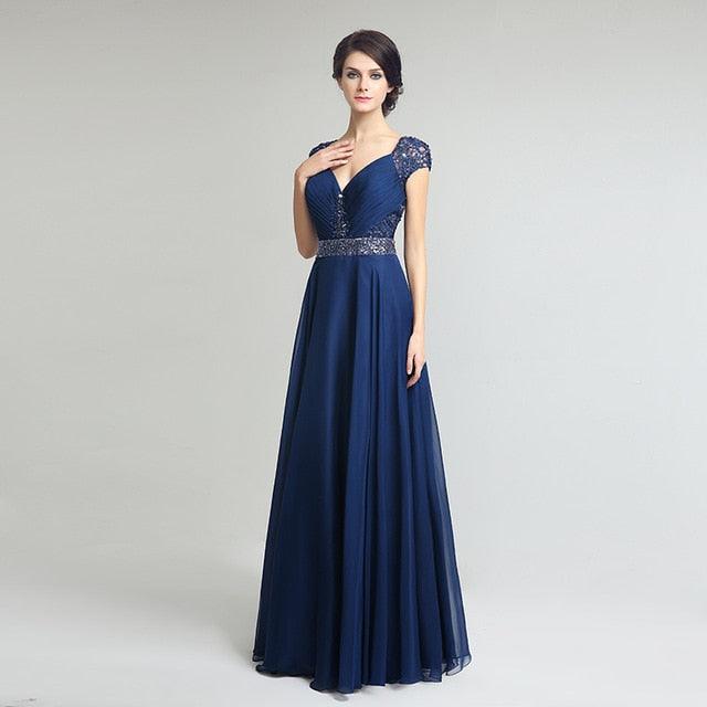 Gorgeous New Navy Blue Cap Sleeve Dress - Beading Sashes Chiffon Pleat Back Lace Formal Evening Party Gown (BWM)(WSO3)(BCD1)