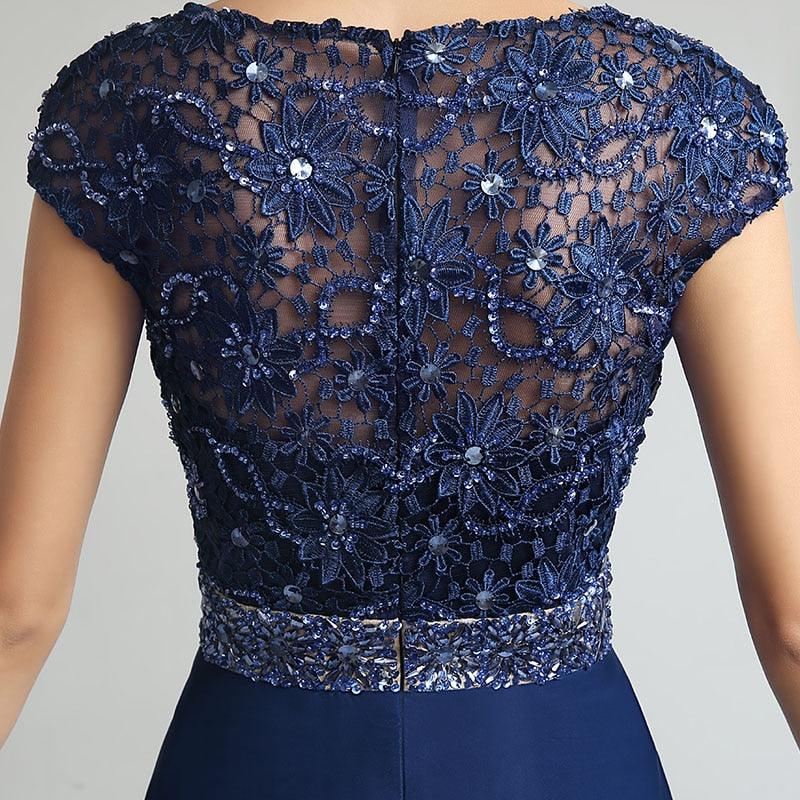 Gorgeous New Navy Blue Cap Sleeve Dress - Beading Sashes Chiffon Pleat Back Lace Formal Evening Party Gown (BWM)(WSO3)(BCD1)