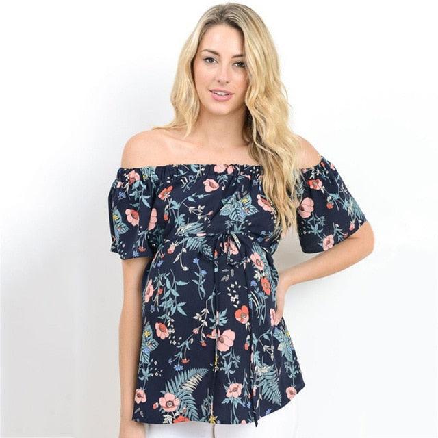 Trending New One-line Collar Loose Tops - Tie Short-sleeved Layered Ruffled Straps - Pregnant Women Printed Chiffon Shirt (D4)(Z1)