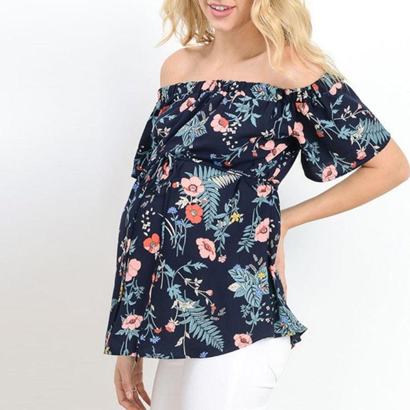 Trending New One-line Collar Loose Tops - Tie Short-sleeved Layered Ruffled Straps - Pregnant Women Printed Chiffon Shirt (D4)(Z1)