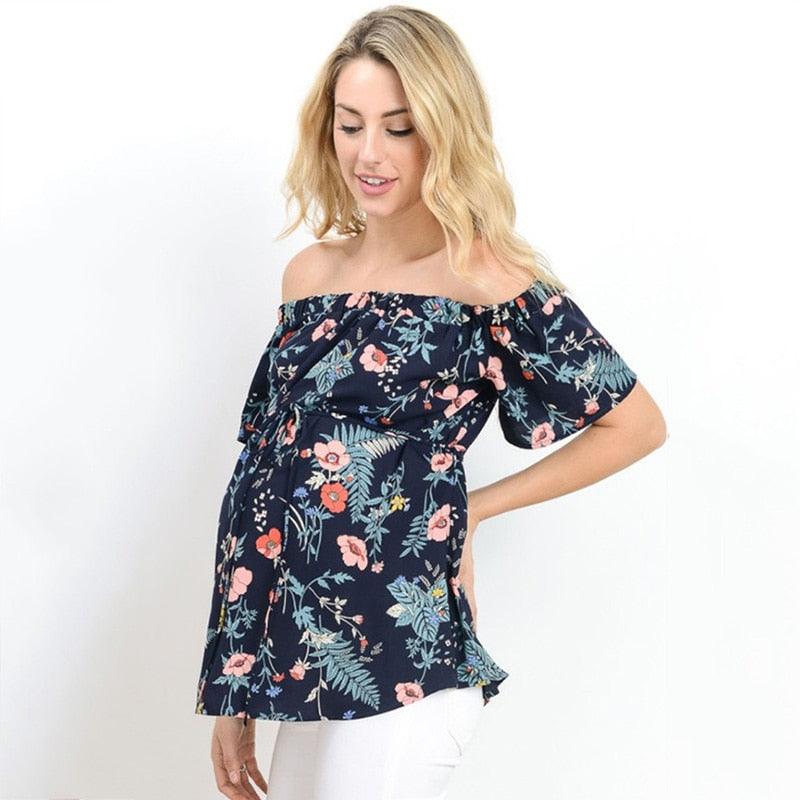 Trending New One-line Collar Loose Tops - Tie Short-sleeved Layered Ruffled Straps - Pregnant Women Printed Chiffon Shirt (D4)(Z1)