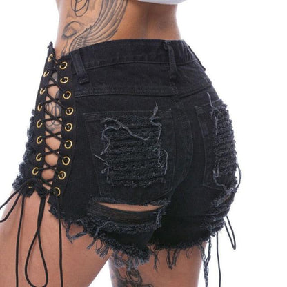 Sexy Women's Denim Shorts - Solid Lacing Ripped Mid Wast Shorts - Plus Size (TBL2)