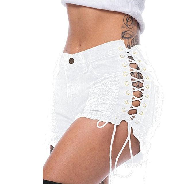 Sexy Women's Denim Shorts - Solid Lacing Ripped Mid Wast Shorts - Plus Size (TBL2)
