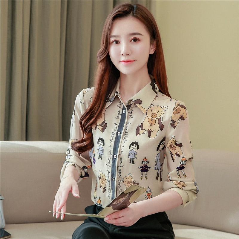 New Silk Fashion Ladies Shirts - Long Sleeve Women Tops and Blouses - Print Cartoon Blouse (TB4)
