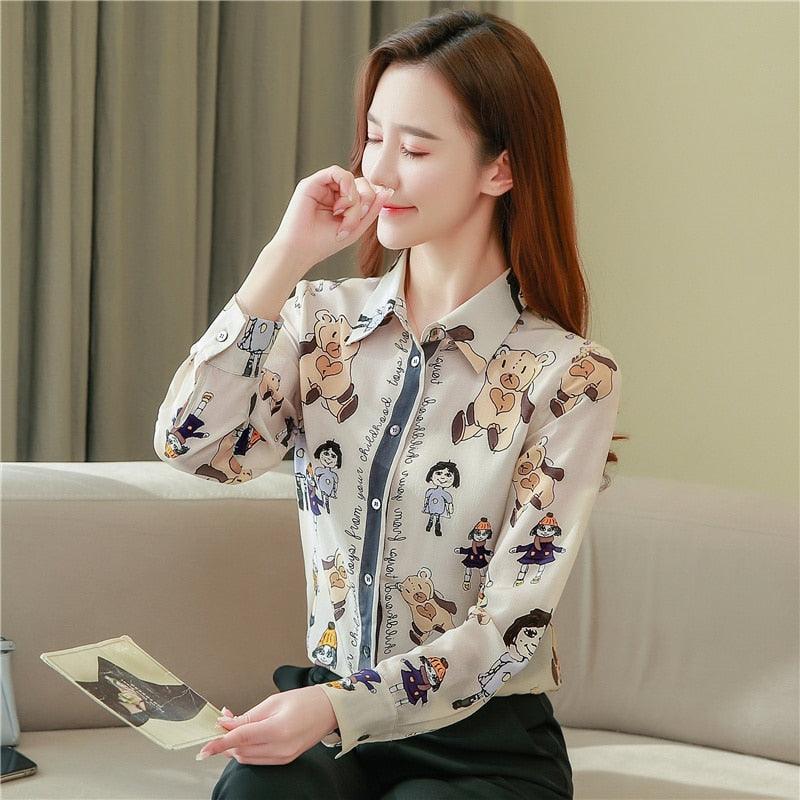 New Silk Fashion Ladies Shirts - Long Sleeve Women Tops and Blouses - Print Cartoon Blouse (TB4)