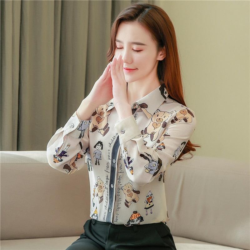 New Silk Fashion Ladies Shirts - Long Sleeve Women Tops and Blouses - Print Cartoon Blouse (TB4)
