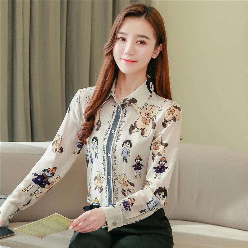 New Silk Fashion Ladies Shirts - Long Sleeve Women Tops and Blouses - Print Cartoon Blouse (TB4)
