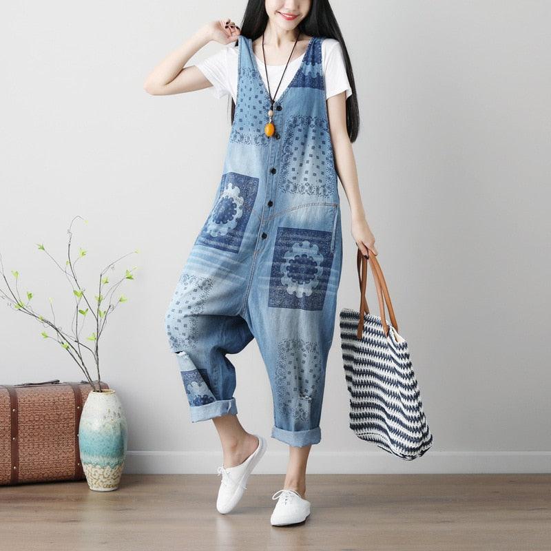 New Spring Summer Sleeveless Jumpsuits - Washed Printing Bib Cross Pants Women Overalls - Loose Casual (TBL1)