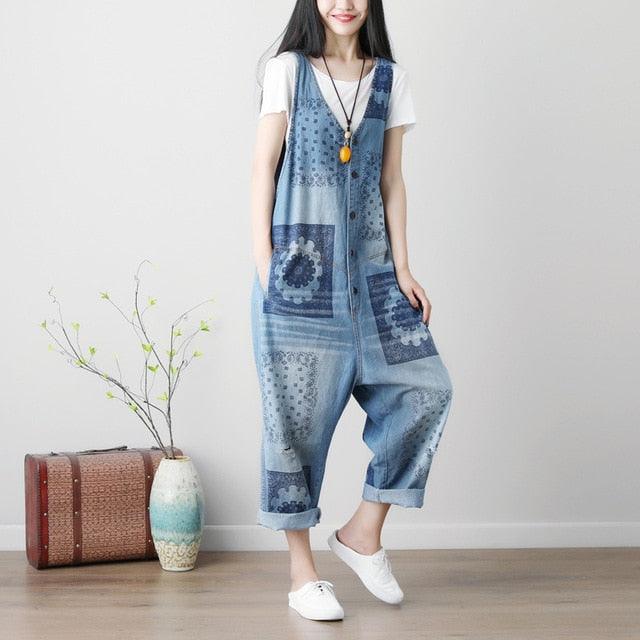 New Spring Summer Sleeveless Jumpsuits - Washed Printing Bib Cross Pants Women Overalls - Loose Casual (TBL1)