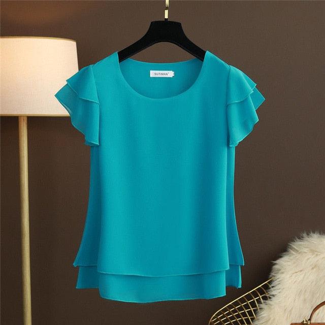 New Summer Women Blouse - Loose O Neck Chiffon Shirt - Female Short Sleeve Blouse - Plus Size 6XL (TB1)(F19)