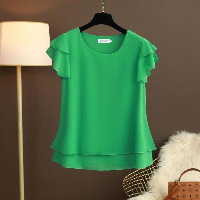 New Summer Women Blouse - Loose O Neck Chiffon Shirt - Female Short Sleeve Blouse - Plus Size 6XL (TB1)(F19)