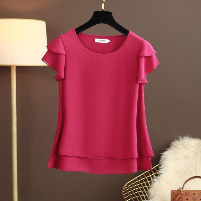 New Summer Women Blouse - Loose O Neck Chiffon Shirt - Female Short Sleeve Blouse - Plus Size 6XL (TB1)(F19)