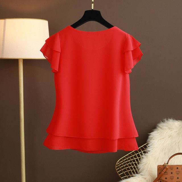 New Summer Women Blouse - Loose O Neck Chiffon Shirt - Female Short Sleeve Blouse - Plus Size 6XL (TB1)(F19)
