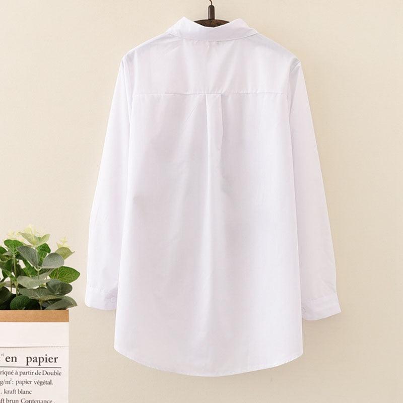 New White Women Shirt - Long Sleeve Cotton Embroidery Blouse - Lady Casual Button Design Turn Down Collar (TB4)