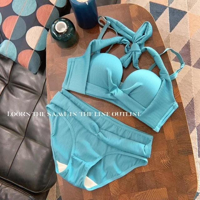 New Women 1/2 Cup Bra Set- Sexy Bandage Halter Underwear - Adjustable Strap Bowknot Lingerie - Push Up Bras + Panties (D27)(TSB4)