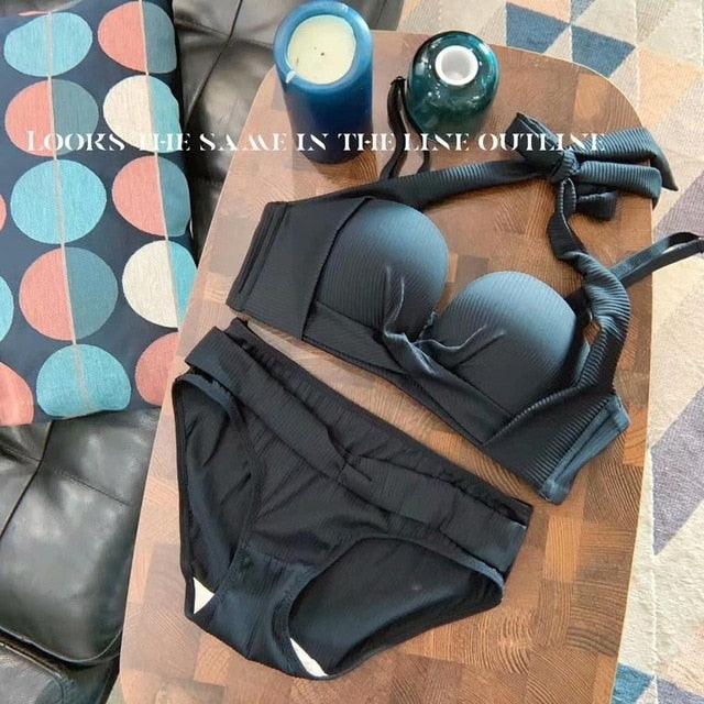 New Women 1/2 Cup Bra Set- Sexy Bandage Halter Underwear - Adjustable Strap Bowknot Lingerie - Push Up Bras + Panties (D27)(TSB4)