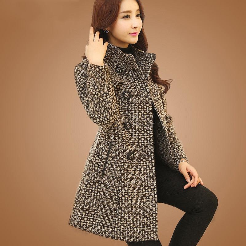 New Women's Wool Blends Coat - Winter Autumn Fashion Elegant Turtleneck Plaid Slim Long Jacket Coat (TB8A)(TB8B)(TP3)(F20)(F23)