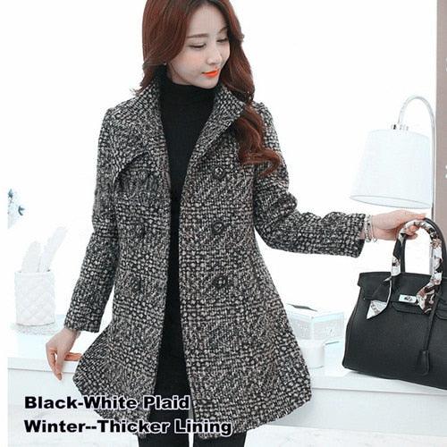 New Women's Wool Blends Coat - Winter Autumn Fashion Elegant Turtleneck Plaid Slim Long Jacket Coat (TB8A)(TB8B)(TP3)(F20)(F23)