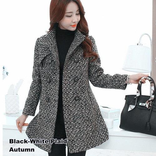 New Women's Wool Blends Coat - Winter Autumn Fashion Elegant Turtleneck Plaid Slim Long Jacket Coat (TB8A)(TB8B)(TP3)(F20)(F23)
