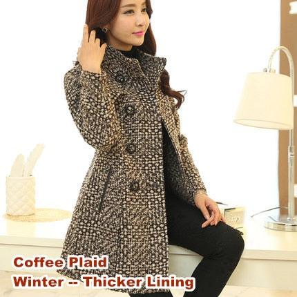 New Women's Wool Blends Coat - Winter Autumn Fashion Elegant Turtleneck Plaid Slim Long Jacket Coat (TB8A)(TB8B)(TP3)(F20)(F23)