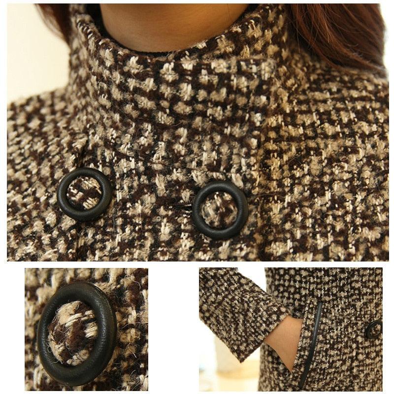 New Women's Wool Blends Coat - Winter Autumn Fashion Elegant Turtleneck Plaid Slim Long Jacket Coat (TB8A)(TB8B)(TP3)(F20)(F23)