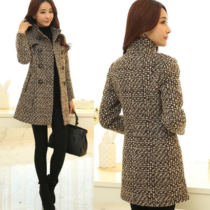 New Women's Wool Blends Coat - Winter Autumn Fashion Elegant Turtleneck Plaid Slim Long Jacket Coat (TB8A)(TB8B)(TP3)(F20)(F23)
