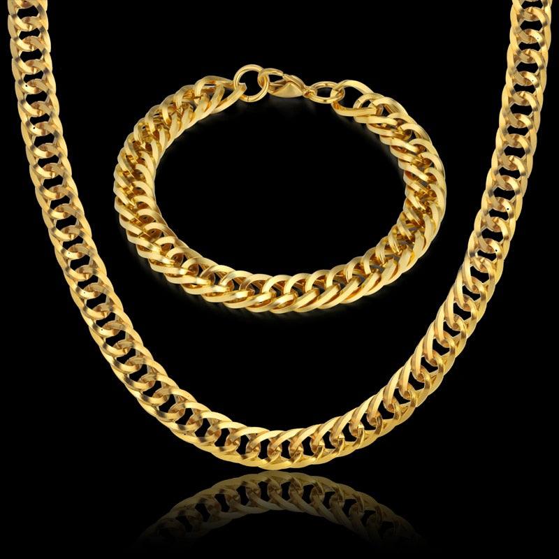 Newest Men's Thick Silver Color Chains - Necklace Bracelet Silver Color Chain Set (MJ4)