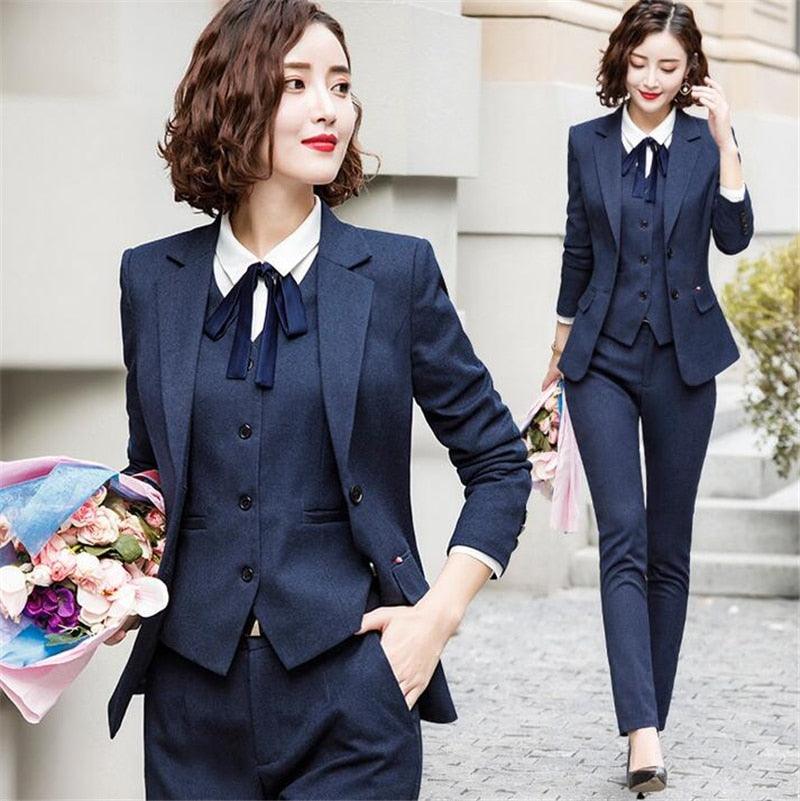 Newest Navy 3 Piece Sets Women Work Pant Suits - Blazer Jacket & Zipper Trousers & Vest Suit For Women (TB5)