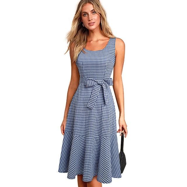 Nice New Spring Casual Plaid Sleeveless Dress - With Sash A-Line Women Flare Swing Dress (BWM)(WS06)(BCD1)