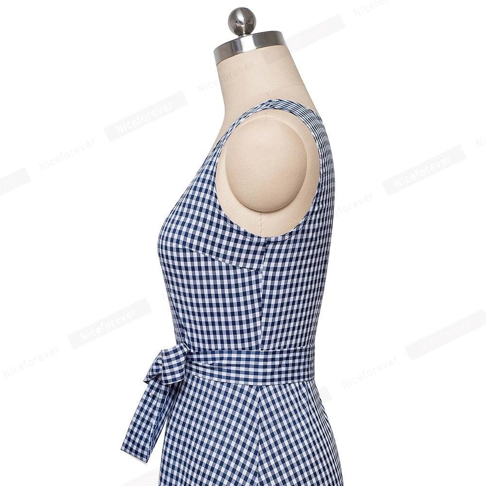Nice New Spring Casual Plaid Sleeveless Dress - With Sash A-Line Women Flare Swing Dress (BWM)(WS06)(BCD1)