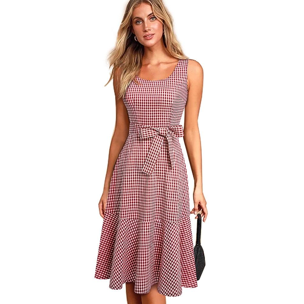 Nice New Spring Casual Plaid Sleeveless Dress - With Sash A-Line Women Flare Swing Dress (BWM)(WS06)(BCD1)