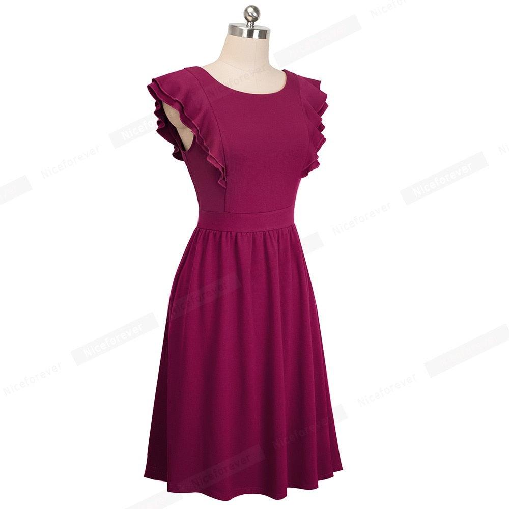 Cute Summer Retro Solid Color Ruffle Sleeve Dresses - Casual Flared Women Dress (BWM)(F20)(TP5)