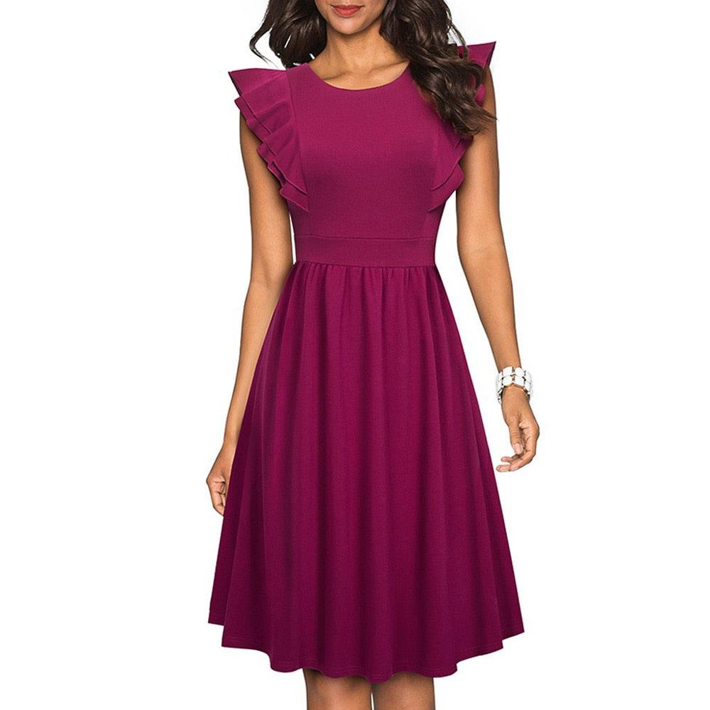 Cute Summer Retro Solid Color Ruffle Sleeve Dresses - Casual Flared Women Dress (BWM)(F20)(TP5)
