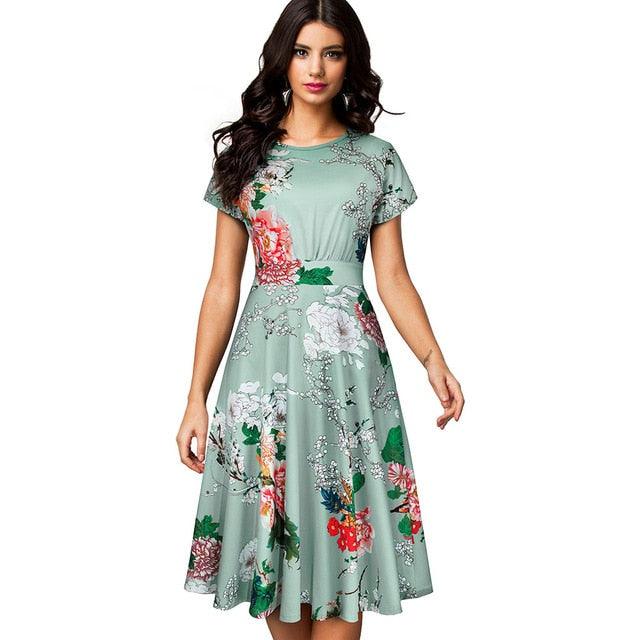 Beautiful Vintage Elegant Floral Print Pleated Round Neck Dress - A Line Pinup Business Party Women Flare Swing Dress (WS06)