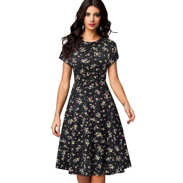 Beautiful Vintage Elegant Floral Print Pleated Round Neck Dress - A Line Pinup Business Party Women Flare Swing Dress (WS06)