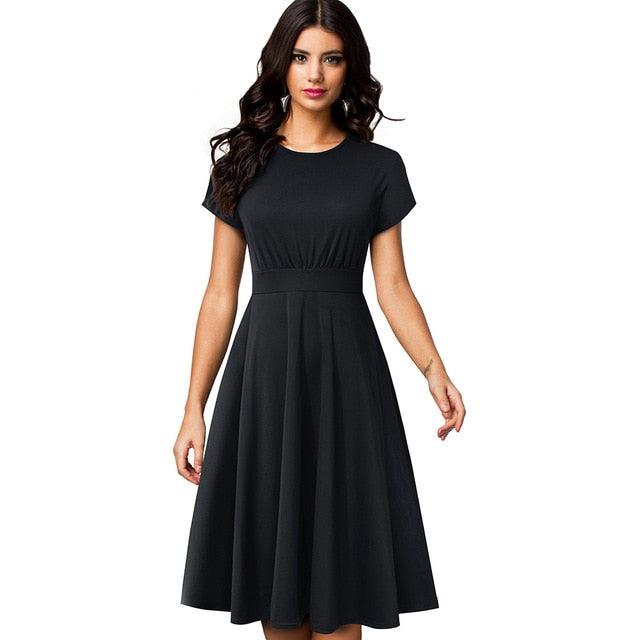 Beautiful Vintage Elegant Floral Print Pleated Round Neck Dress - A Line Pinup Business Party Women Flare Swing Dress (WS06)