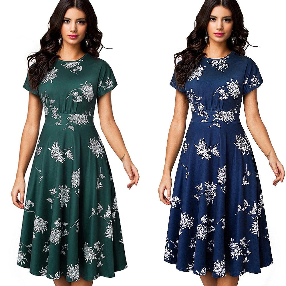 Beautiful Vintage Elegant Floral Print Pleated Round Neck Dress - A Line Pinup Business Party Women Flare Swing Dress (WS06)