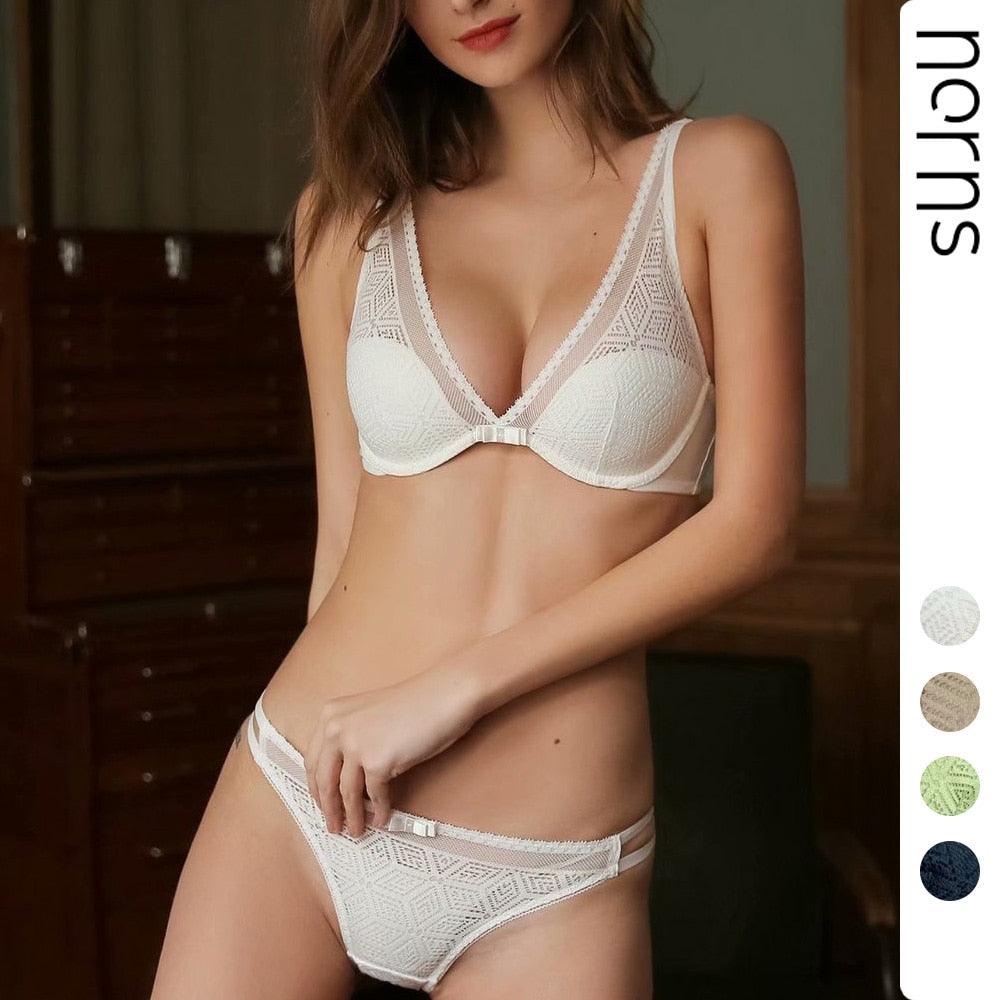 Trending Sexy Lace Thin Bra + Panties Sets - Women Bra With Steel Hollow Underwear - Gathered Deep V Bra Set (TSB4)