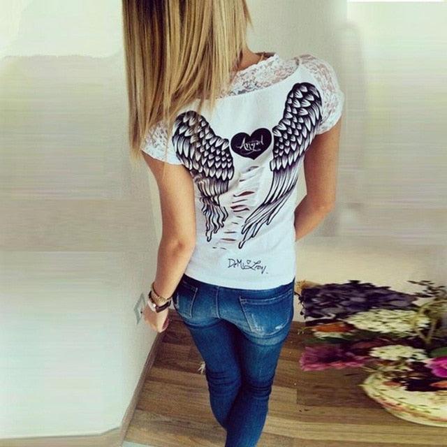 Trending Design Summer Wear Slim Style T Shirt - Women Short Sleeves O-neck Tops - Hollow Back Angel Sexy Wings (TB2)