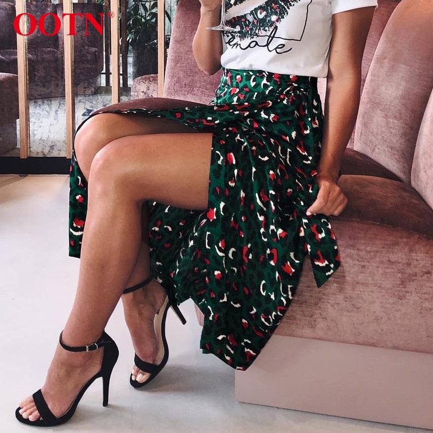 Sexy Leopard Print Long Skirts - Women High Waist Midi Skirt Bow Tie - Summer Sexy Split Wrap Skirt (BSK)