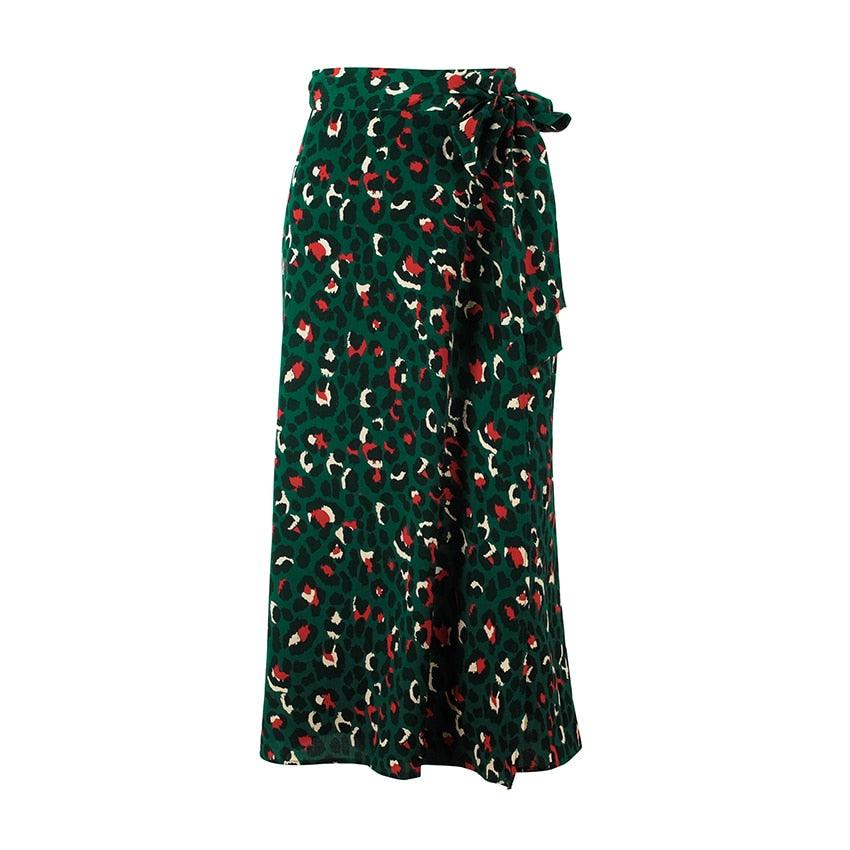 Sexy Leopard Print Long Skirts - Women High Waist Midi Skirt Bow Tie - Summer Sexy Split Wrap Skirt (BSK)