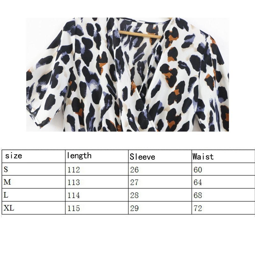 Ladies Evening Party Midi Dress - Waist Summer Clothes - Women Leopard V Neck Lace Up Wrap Dress (2U30)