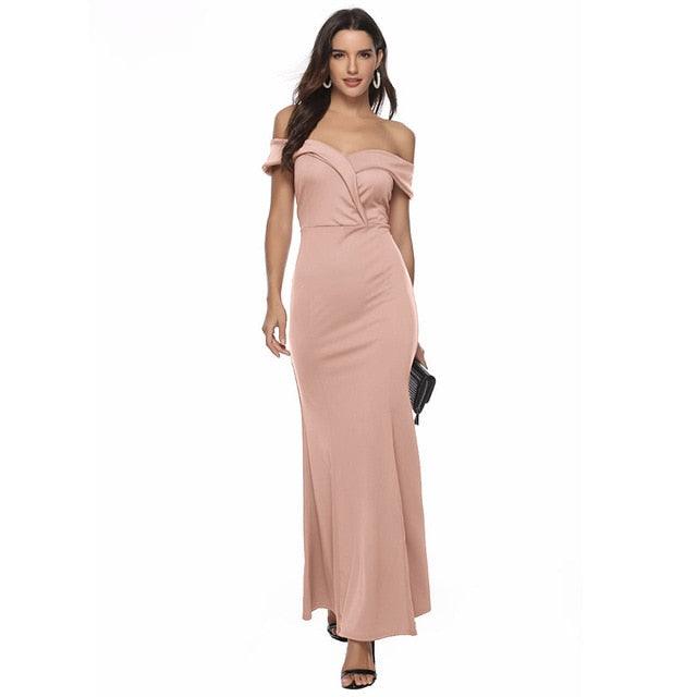 Off Shoulder Bridesmaid Dress Elegant Party Dress Slit Pink Long Maxi Dress Sexy Vestido de Fiesta Robe de Soiree YSM-5175