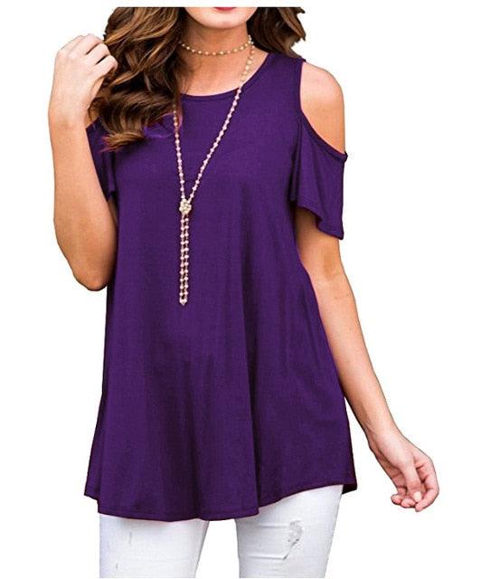 Gorgeous Off Shoulder Short Sleeve Top - Women Loose Sexy Solid Round Neck Top - Cotton Fashion Casual Lady T Shirt (D19)(TB2)(BT1)
