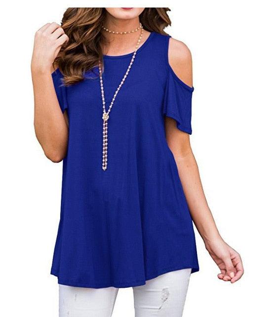 Gorgeous Off Shoulder Short Sleeve Top - Women Loose Sexy Solid Round Neck Top - Cotton Fashion Casual Lady T Shirt (D19)(TB2)(BT1)