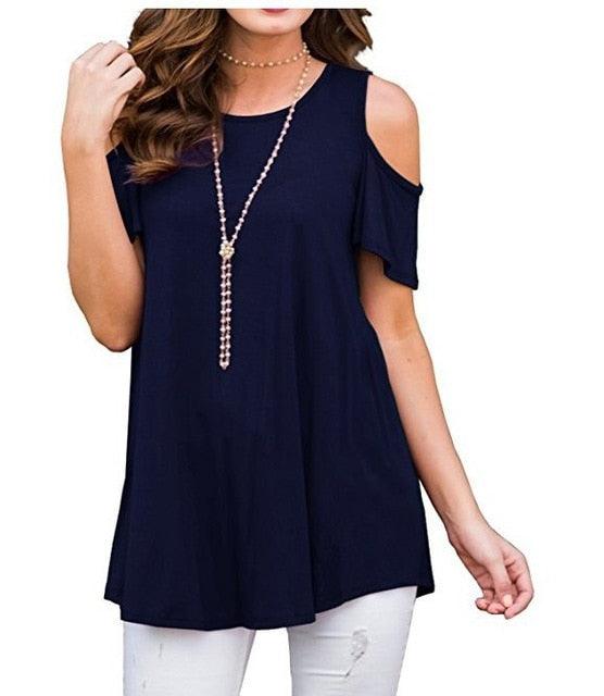 Gorgeous Off Shoulder Short Sleeve Top - Women Loose Sexy Solid Round Neck Top - Cotton Fashion Casual Lady T Shirt (D19)(TB2)(BT1)