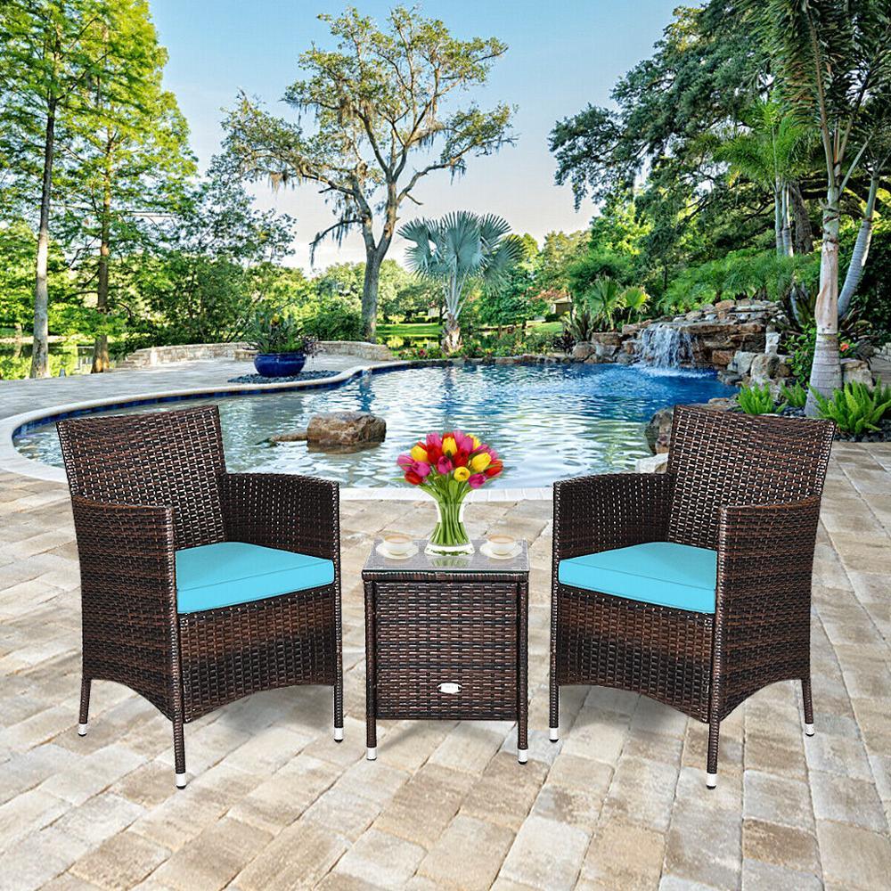 Outdoor 3 PCS Rattan Wicker Furniture Sets Chairs Coffee Table Garden (FW1)(FW2)(1U67)