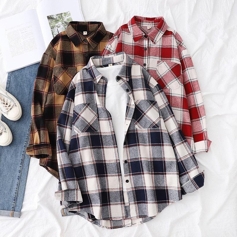 New Arrival Women Blouse -Long Sleeve Plaid Shirt - Turn Down Collar - Button Up (TB4)