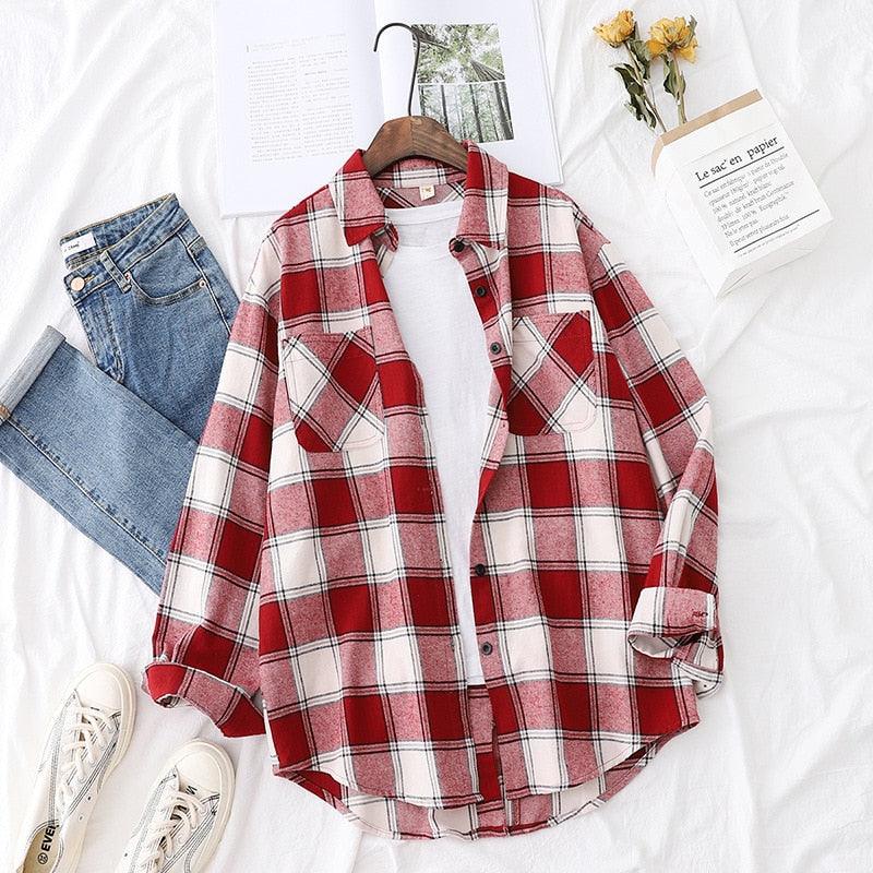 New Arrival Women Blouse -Long Sleeve Plaid Shirt - Turn Down Collar - Button Up (TB4)